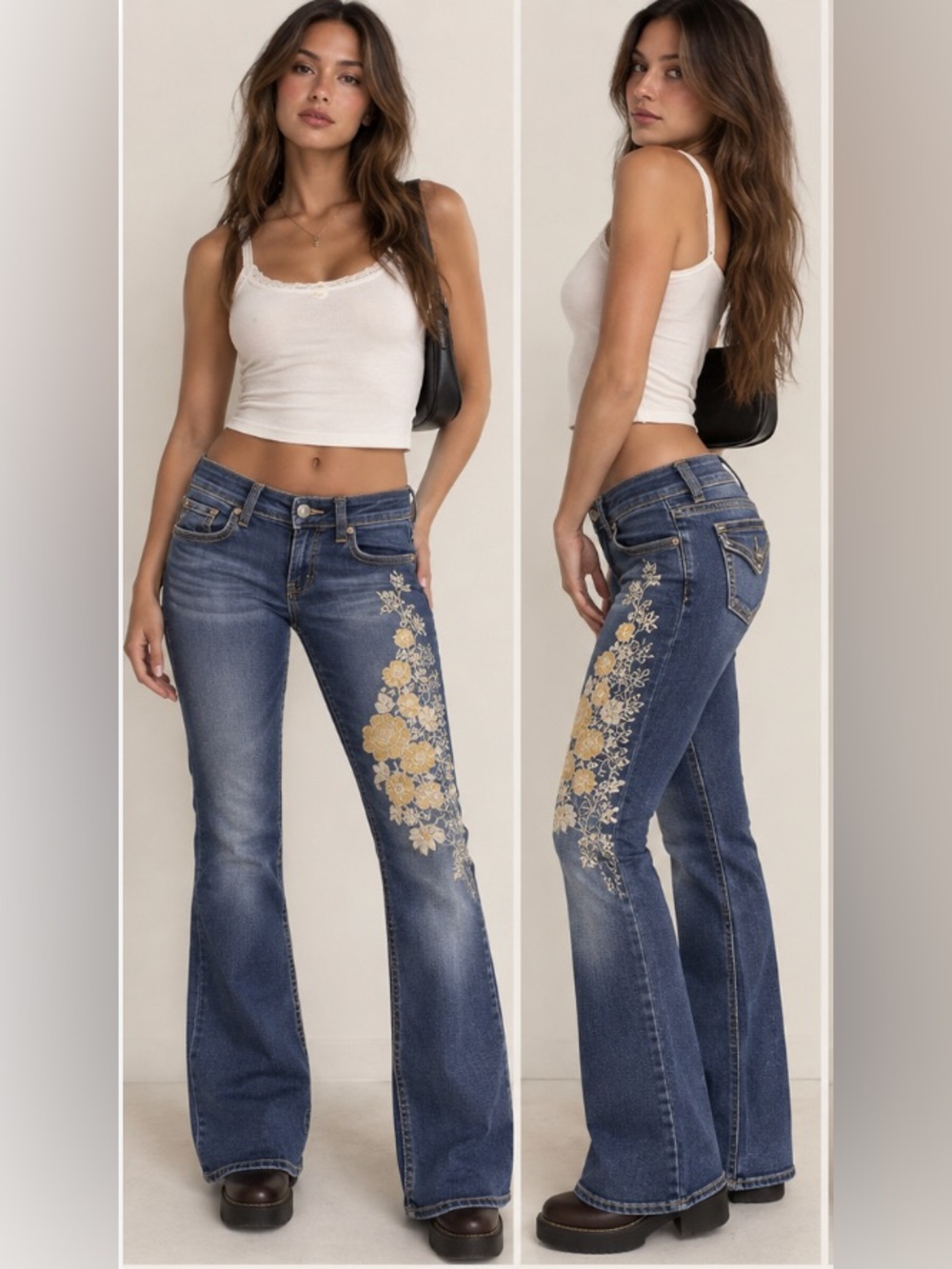Caché Y2K Floral Embroidered Flare Jeans Women's Low/Mid Rise Sz 4